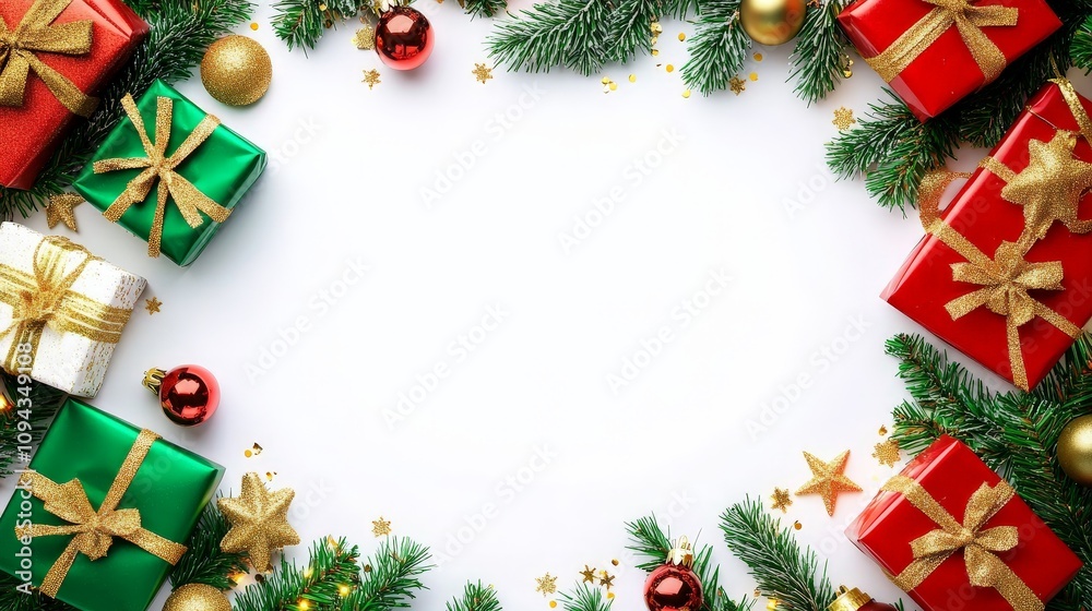Festive christmas border with red and green gifts and ornaments on white background. Festive christmas border with red and green gifts and ornaments on white background.