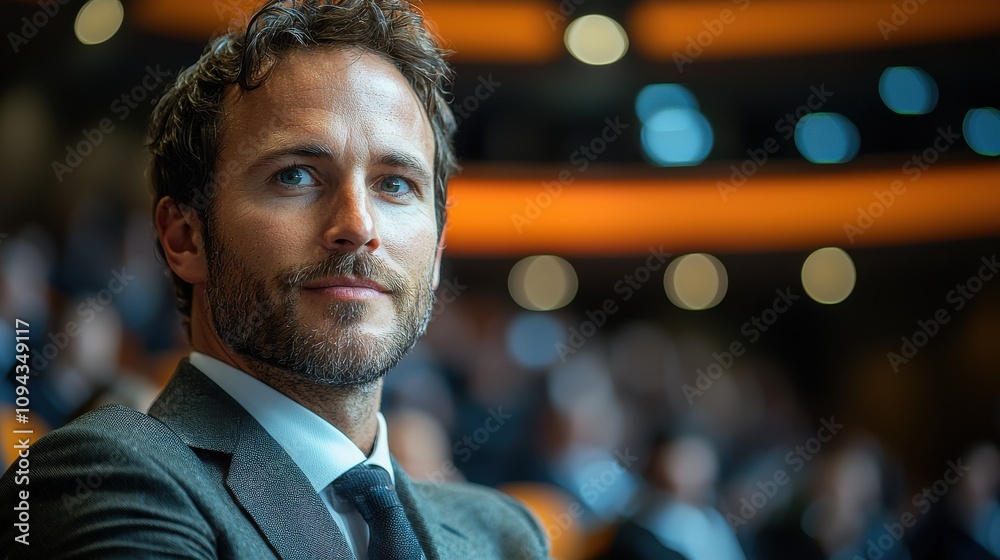 Man in a suit smiling while seated in a modern auditorium during an event with a blurred audience in the background Man in a suit smiling while seated in a modern auditorium during an event with a blurred audience in the background