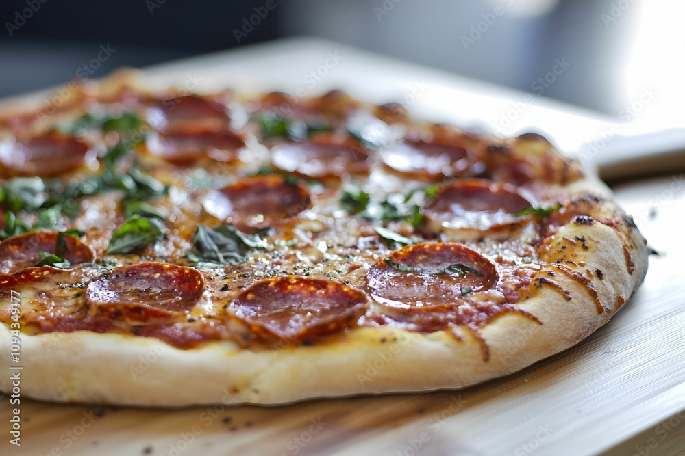 Delicious pepperoni pizza fresh from the oven on a wooden board Delicious pepperoni pizza fresh from the oven on a wooden board