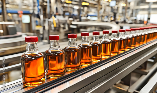 Amber liquid bottles move along a factory conveyor belt, showcasing the industrial production of spirits or beverages.