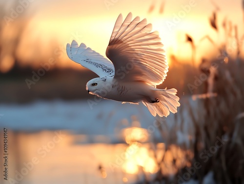 A snowy owl in flight over a frozen field at dusk photo