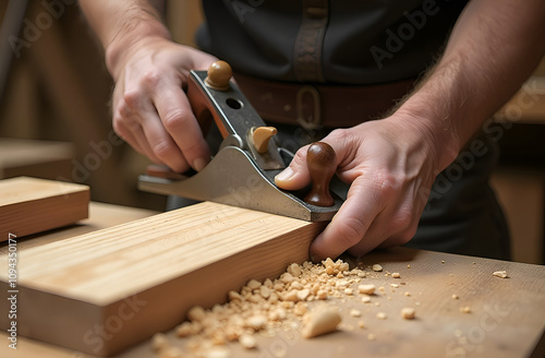 the hands of a worker hold a plane and plan a wooden part