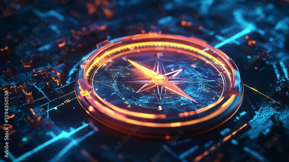 custom made wallpaper toronto digitalFuturistic 3D Compass with Glowing Arrows Pointing to Landmarks for Adventure and Discovery. Clean Design with Copy Space and High Resolution.