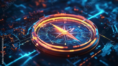 Wallpaper Mural Futuristic 3D Compass with Glowing Arrows Pointing to Landmarks for Adventure and Discovery. Clean Design with Copy Space and High Resolution. Torontodigital.ca