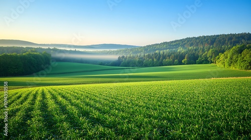 Lush green fields under clear blue sky.