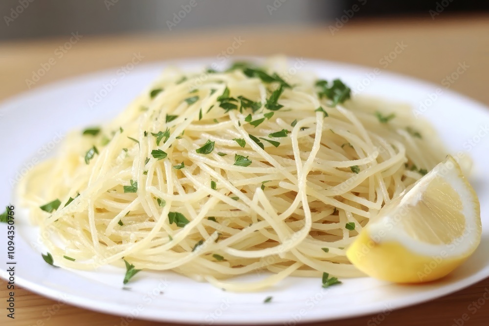 A plate of spaghetti garnished with parsley and a lemon wedge. A plate of spaghetti garnished with parsley and a lemon wedge.