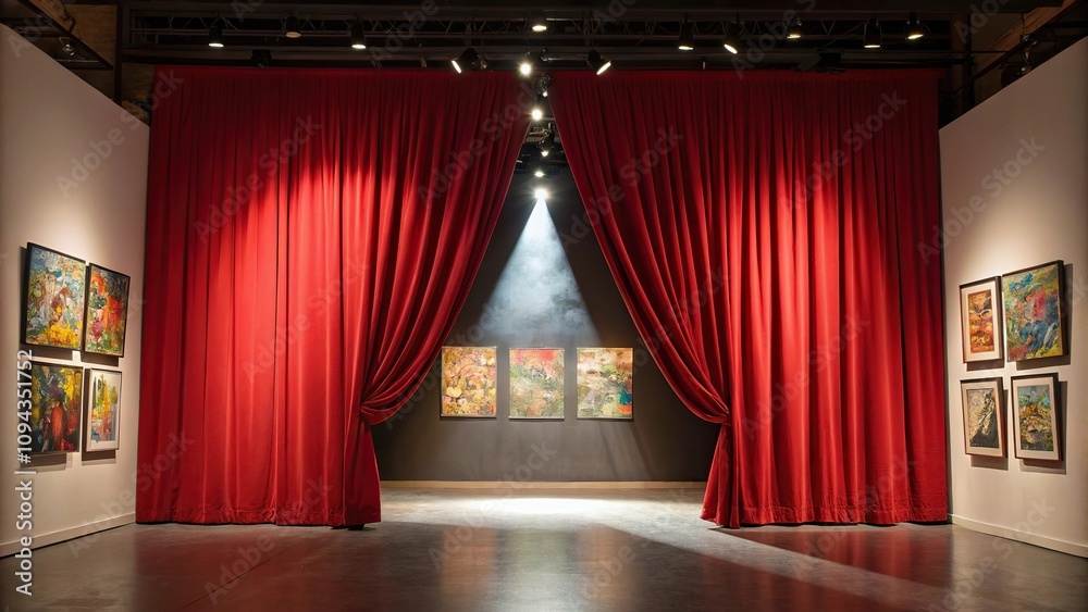 A striking red curtain with a focused spotlight highlighting the beauty of a vibrant colorful art gallery, modern decor, creative space, art gallery A striking red curtain with a focused spotlight highlighting the beauty of a vibrant colorful art gallery, modern decor, creative space, art gallery