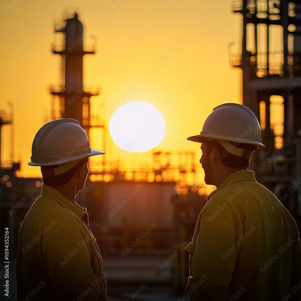 Two male industrial workers observing a sunset at a refinery site. Two male industrial workers observing a sunset at a refinery site.