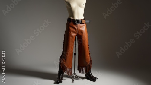 Cowboy chaps on a mannequin, with fringe and leather finish, paired with modern boots and belt, set against a sleek studio background. photo