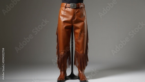 High-quality cowboy chaps with fringe, displayed on a mannequin, styled with modern boots and belt, in a minimalist studio background with focused lighting. photo