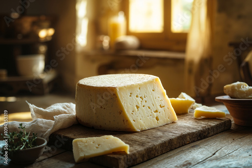 A piece of cheese sitting on top of a wooden cutting board photo