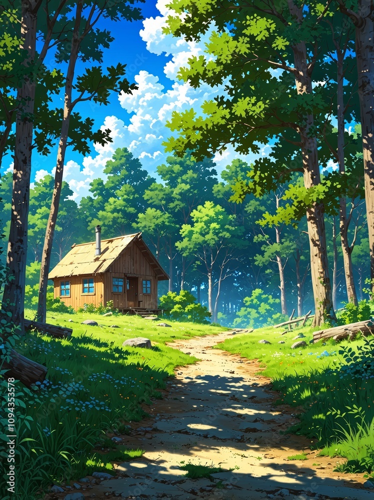 Serene Forest Path Leading to a Cozy Wooden Cabin in Summer. Landscape Anime Illustration. Serene Forest Path Leading to a Cozy Wooden Cabin in Summer. Landscape Anime Illustration.