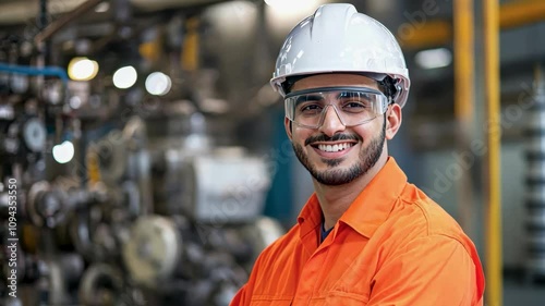 Smiling arab mechanical engineer wearing orange safety gear, goggles, and hard hat at an industrial facility with machinery in the background, ideal for safety and engineering concepts.