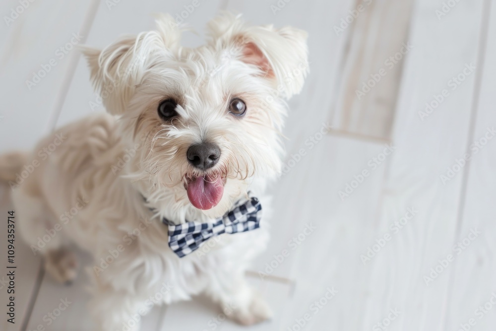 Sweet Dog. Lovely Young Dog with a Modern Bowtie Sitting on White Wood Floor, Cheerfully Looking at Camera Sweet Dog. Lovely Young Dog with a Modern Bowtie Sitting on White Wood Floor, Cheerfully Looking at Camera