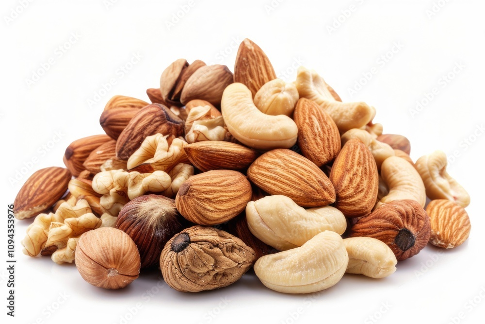Tree Nuts Pile. Assorted Almonds and Cashews on White Background, Ayurvedic Antioxidant Tree Nuts Pile. Assorted Almonds and Cashews on White Background, Ayurvedic Antioxidant