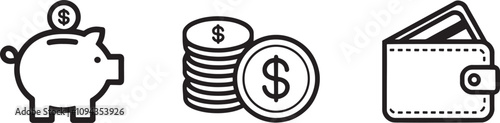 Set of money savings icon collection. Money, Wallet, piggy bank, coin, money bag 