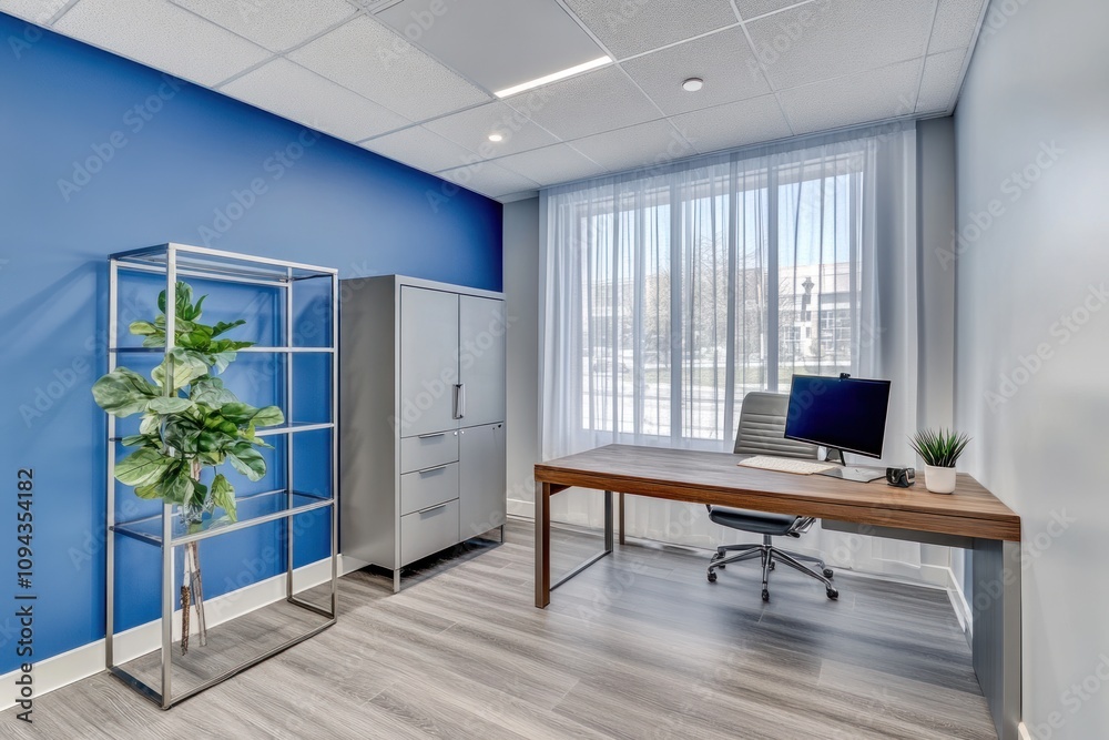 Modern office space with blue walls, desk, and plant for a professional environment. Modern office space with blue walls, desk, and plant for a professional environment.