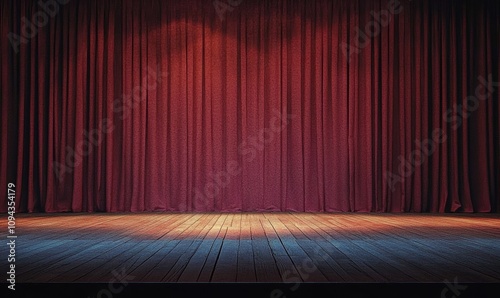 Theater Stage with Red Curtains and Spotlight Illumination