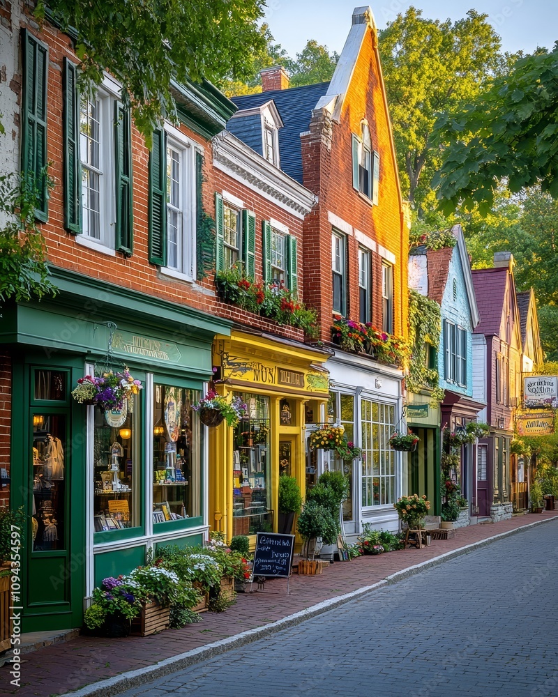 Obraz premium Aerial View of Charming Main Street in a Picturesque Town Surrounded by Lush Greenery and Quaint Shops Ideal for Travel and Tourism Promotion