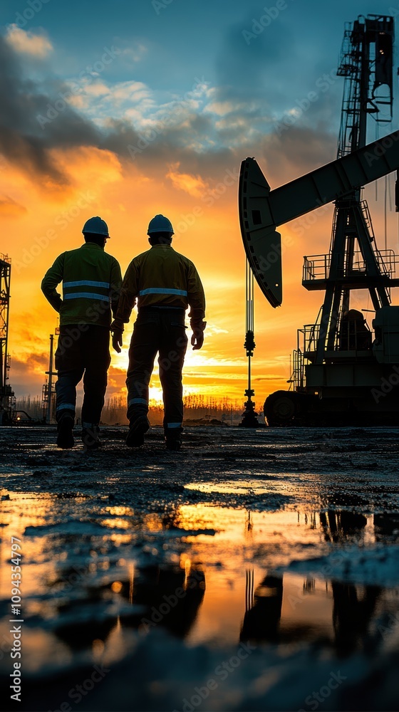 Fototapeta premium Silhouette of two male workers at an oil field during a vibrant sunset.