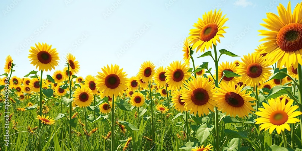 Fototapeta premium A vibrant field of sunflowers stretching across a sunny meadow, outdoor decor, springtime blooms, bright yellow flowers