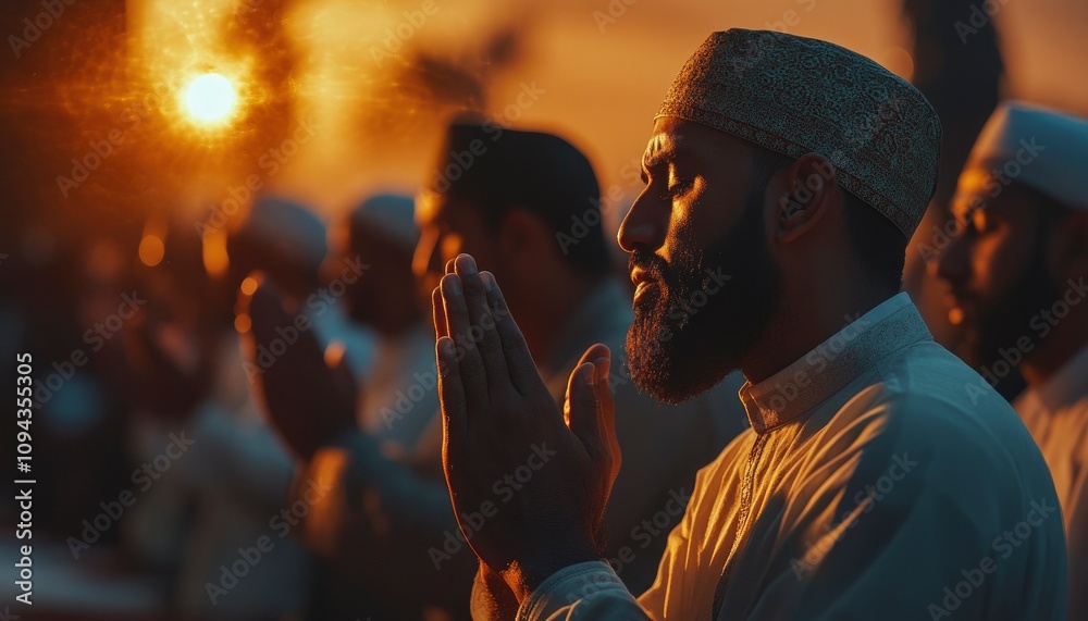 A group of men praying during sunset, reflecting spirituality and community. A group of men praying during sunset, reflecting spirituality and community.