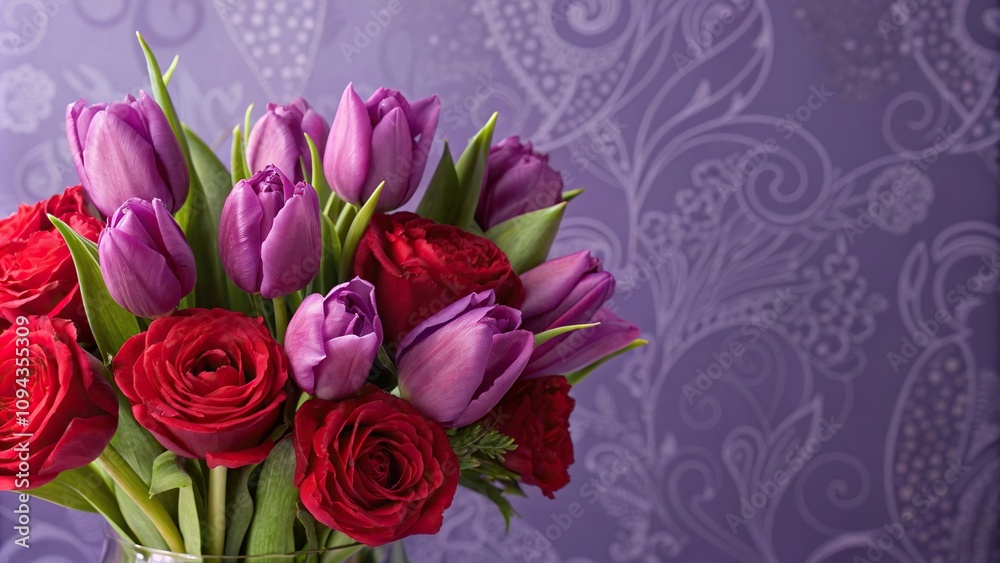 Fototapeta premium Vibrant purple tulips and velvety red roses in a unique arrangement against a deep lavender colored background with intricate patterns, spring florals, elegant blooms