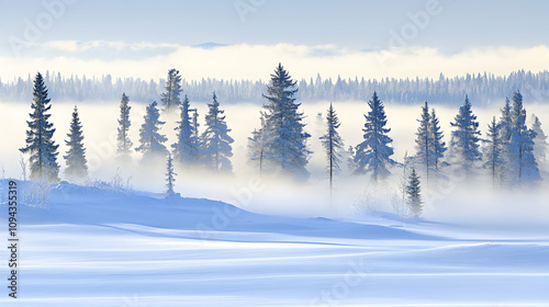 Serene winter landscape showcasing snow-covered pine trees emerging from a misty forest, creating a tranquil and peaceful atmosphere.