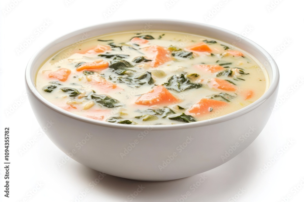 A bowl of creamy soup with spinach and carrots, showcasing a hearty meal. A bowl of creamy soup with spinach and carrots, showcasing a hearty meal.