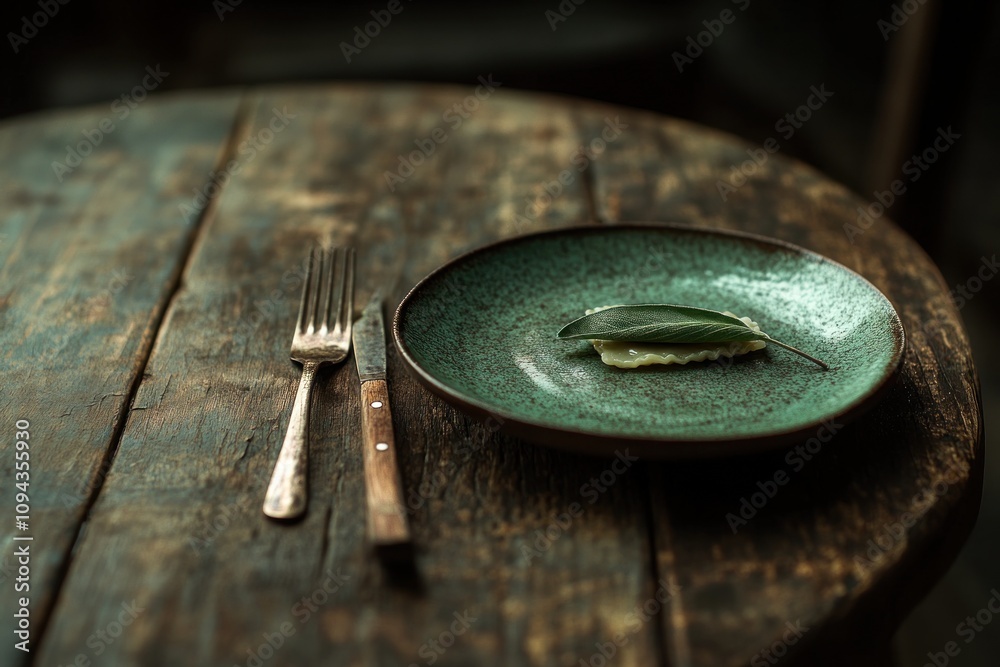 A rustic wooden table with a green plate featuring a single leaf for presentation. A rustic wooden table with a green plate featuring a single leaf for presentation.