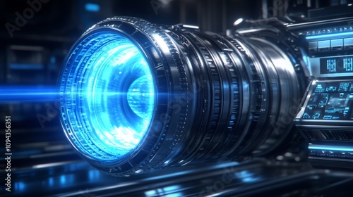 Close-Up of Futuristic Engine with Glowing Blue Core Symbolizes Power and Innovation in Transportation Technology.