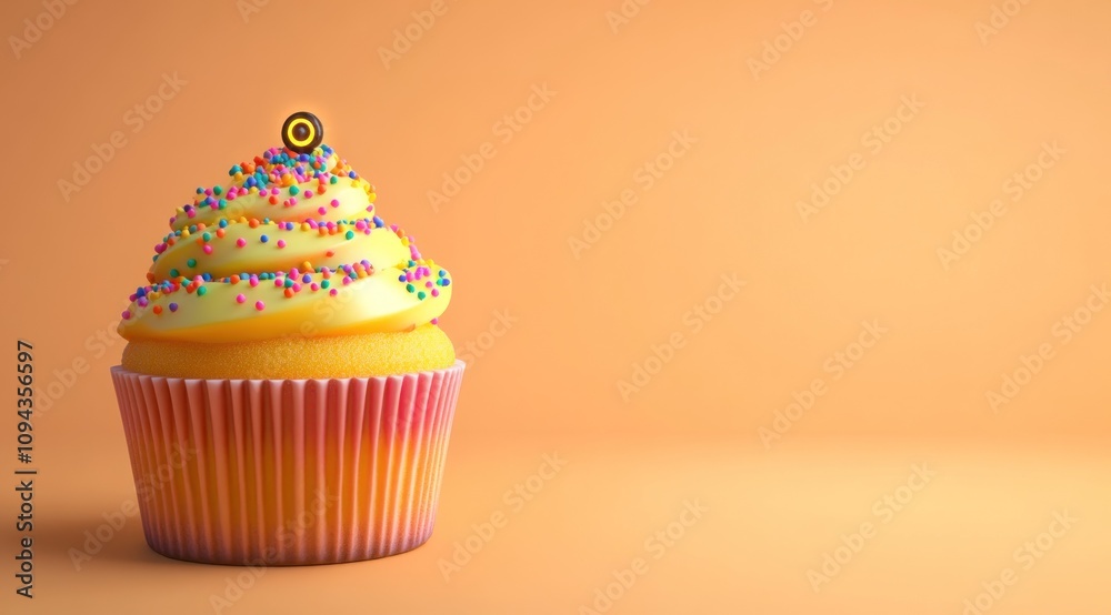 A vibrant cupcake topped with yellow frosting and colorful sprinkles against a soft orange background. A vibrant cupcake topped with yellow frosting and colorful sprinkles against a soft orange background.