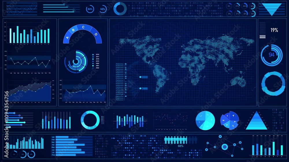Financial market data and statistics report stock market analysis diagram animation world map and charts. corporate business growth Global business trade statistics. digital display hologram 4K 3D