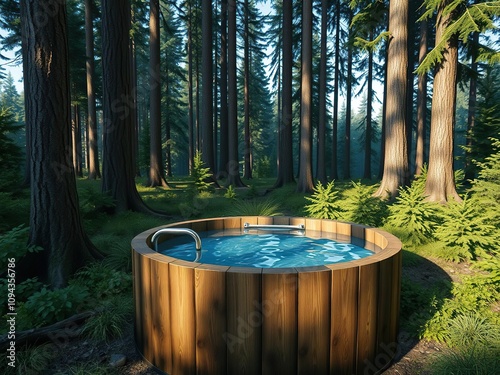 A wooden cold plunge pool sits inside a hollowed-out forest barrel surrounded by tall trees and lush greenery, therapy, wooden
