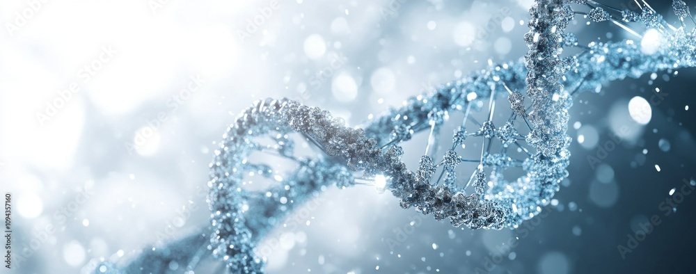 A DNA strand is shown in a blurry, hazy light A DNA strand is shown in a blurry, hazy light