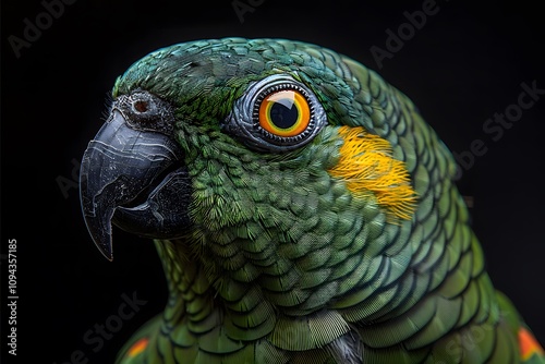 Close-Up Portrait of a Vibrant Green Parrot with Detailed Feathers