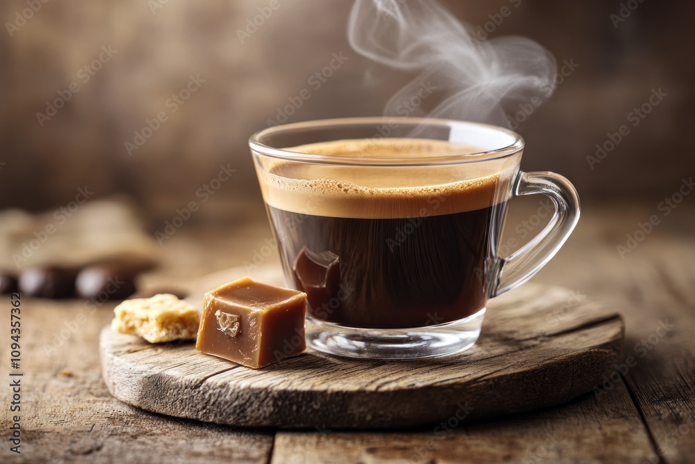 A steaming cup of coffee with caramel on a rustic wooden surface. A steaming cup of coffee with caramel on a rustic wooden surface.