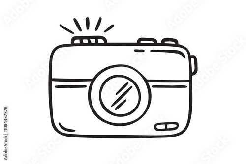 Camera hand drawn doodle isolated icon white background. Camera symbol outline drawn by hand.