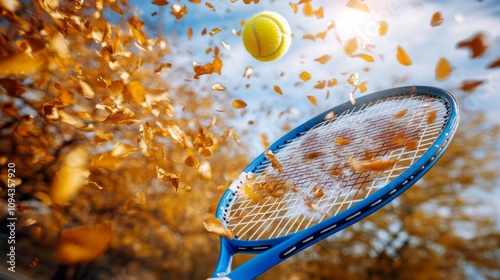 Tennis racket and ball in air with falling autumn leaves, creating vibrant and dynamic scene.