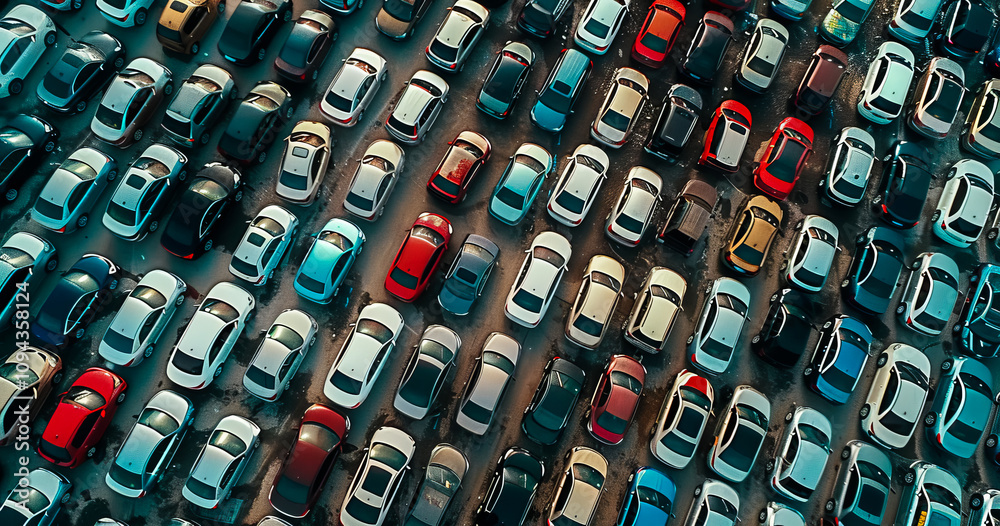 Fototapeta premium Aerial view of a junkyard filled with crushed and broken cars, highlighting automobile recycling waste disposal and environmental impact in the automotive industry.