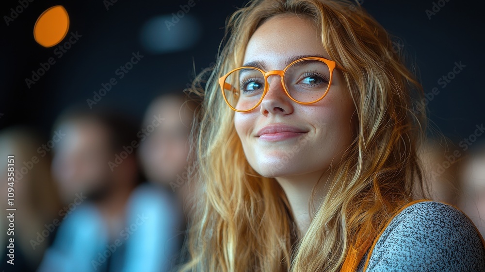 Young woman with glasses smiles warmly in a lively gathering during a daytime event Young woman with glasses smiles warmly in a lively gathering during a daytime event
