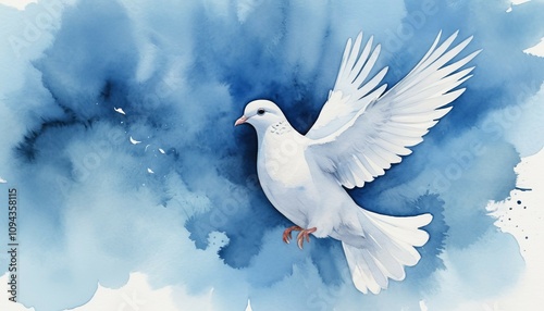 Watercolor illustration of a white dove in mid-flight against a calming blue backdrop symbolizing hope and peace for World Peace Day