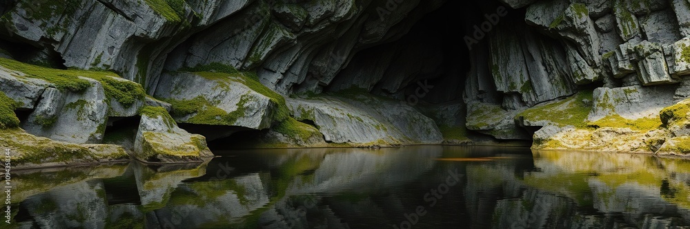 Ancient cave rock with moss-covered surface and reflection of water pool, natural, stone, rock Ancient cave rock with moss-covered surface and reflection of water pool, natural, stone, rock