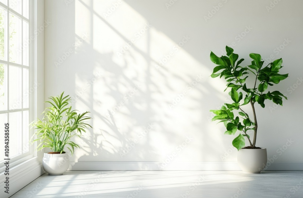 Bright room with two potted plants casting shadows on a white wall. Bright room with two potted plants casting shadows on a white wall.