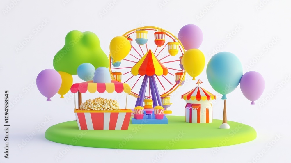 A colorful carnival scene featuring a Ferris wheel, popcorn stand, and balloons. A colorful carnival scene featuring a Ferris wheel, popcorn stand, and balloons.