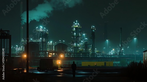 A lone figure stands in the shadow of an illuminated industrial complex at night.. AI Generated