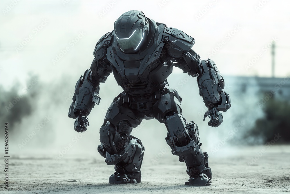 A futuristic robotic figure stands in a desolate environment, showcasing advanced technology. A futuristic robotic figure stands in a desolate environment, showcasing advanced technology.