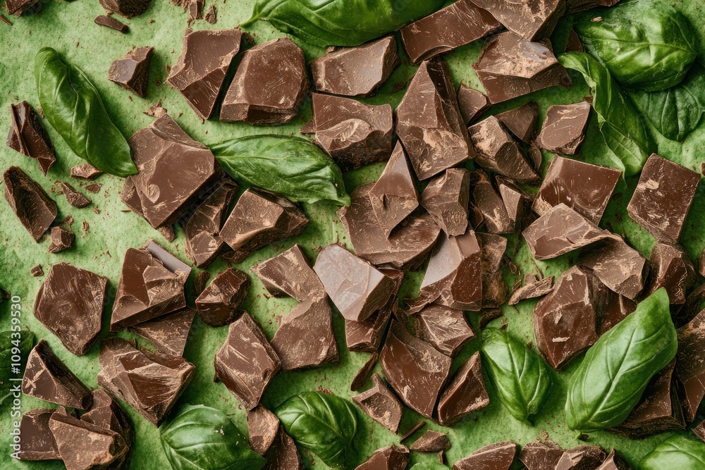 Chunks of chocolate mixed with fresh basil leaves on a green surface. Chunks of chocolate mixed with fresh basil leaves on a green surface.