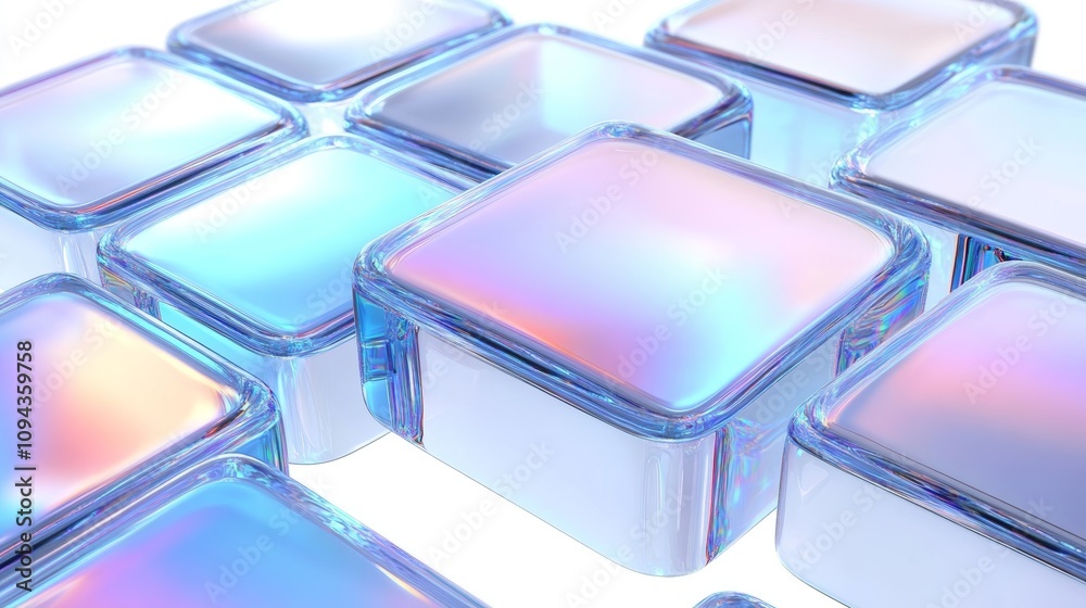 Abstract Digital Artwork of Iridescent Square Glass Blocks on White Background Abstract Digital Artwork of Iridescent Square Glass Blocks on White Background
