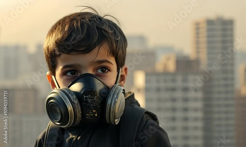 Young Child in Gas Mask Standing in Hazy Background Highlighting Air Pollution and Future Risks